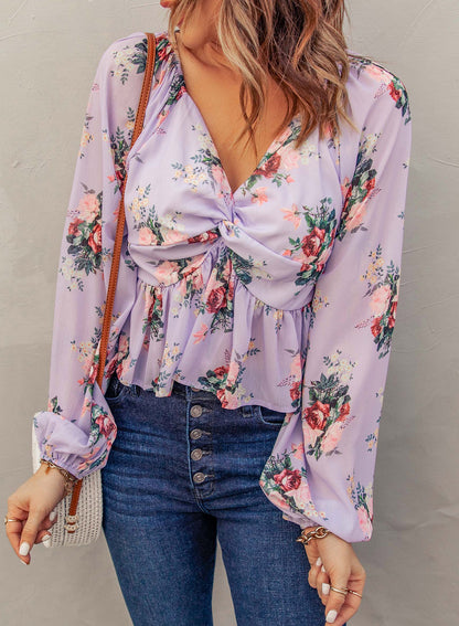 Floral Twist Front Balloon Sleeve Blouse