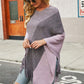 Color Block Fringe Hem V-Neck Poncho