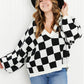 Davi & Dani Reality Check Full Size Checkered V-Neck Sweater