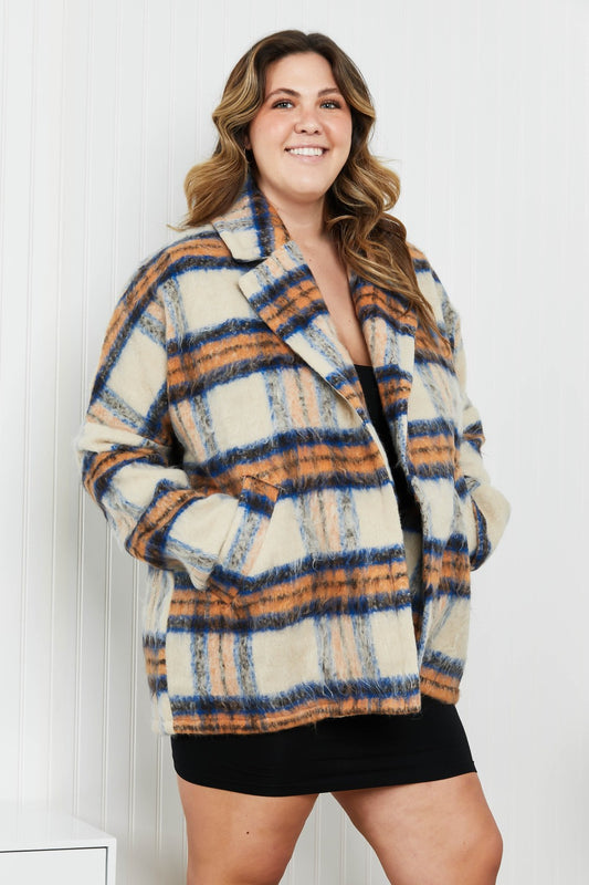 Davi & Dani Full Size Plaid Open Front Jacket with Pockets