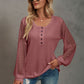 Waffle-Knit Lace Lantern Sleeve Henley Top