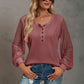 Waffle-Knit Lace Lantern Sleeve Henley Top