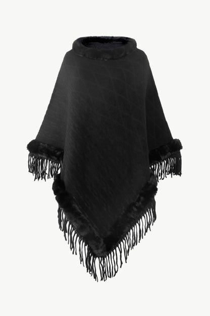 Faux Fur Trim Fringe Detail Poncho