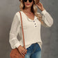 Waffle-Knit Lace Lantern Sleeve Henley Top