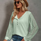 Waffle-Knit Lace Lantern Sleeve Henley Top