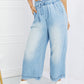 Zenana Full Size Drawstring Waist Raw Hem Wide Leg Jeans