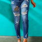 Easter Leopard Patch Distressed Frayed Hem Jeans
