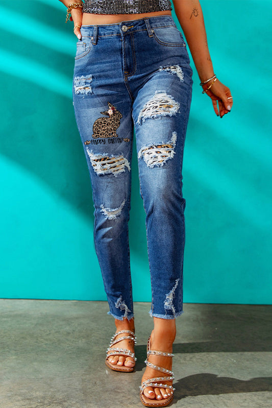 Easter Leopard Patch Distressed Frayed Hem Jeans