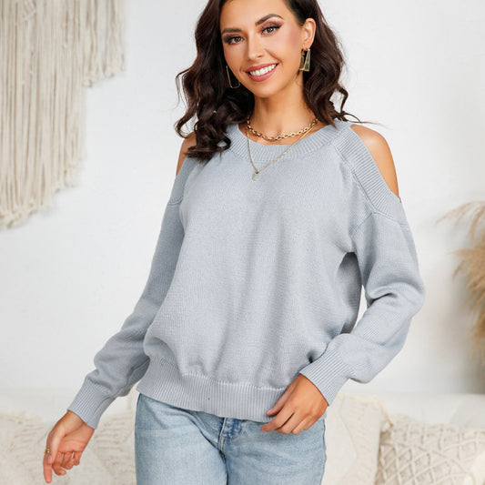 Cold-Shoulder Ribbed Trim Round Neck Sweater