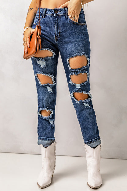 Distressed Straight-Leg Jeans with Pockets