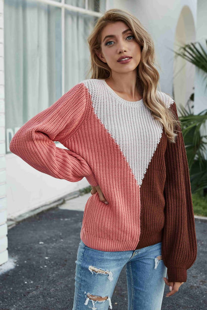 Color Block Rib-Knit Round Neck Knit Pullover