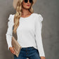 Waffle-Knit Puff Sleeve Round Neck Top