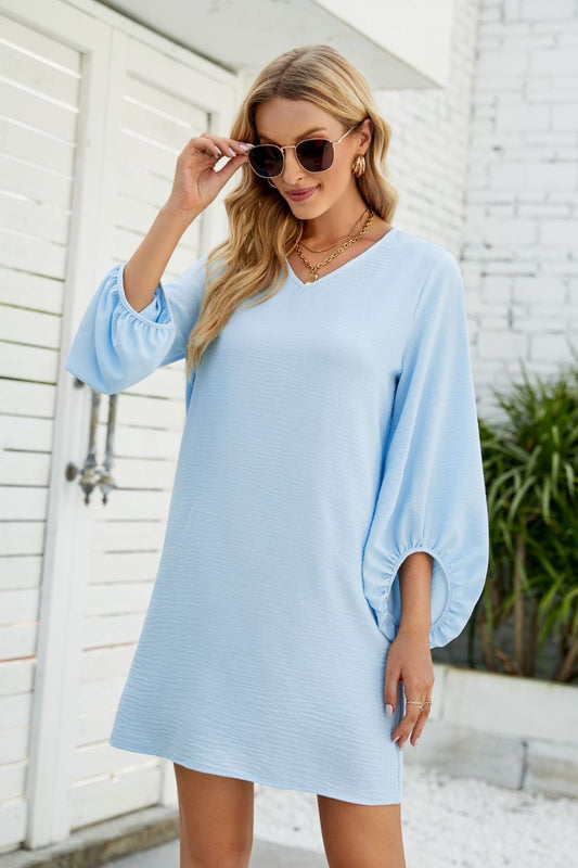 Textured Balloon Sleeve V-Neck Dress