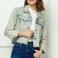 Veveret Multi Color Stripe Rhinestone Raw Hem Denim Jacket