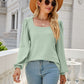 Waffle-Knit Puff Sleeve Square Neck Top