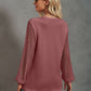 Waffle-Knit Lace Lantern Sleeve Henley Top