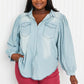 Davi & Dani Sitting Fireside Full Size Button Down Denim Shirt