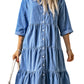Button Front Ruffled Tiered Denim Shirt Dress