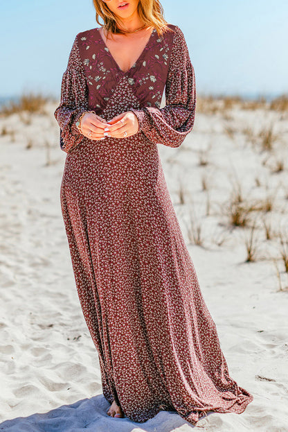 Floral Spliced Lantern Sleeve Maxi Dress