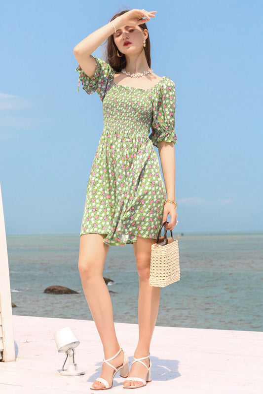 Floral Flounce Sleeve Square Neck Dress