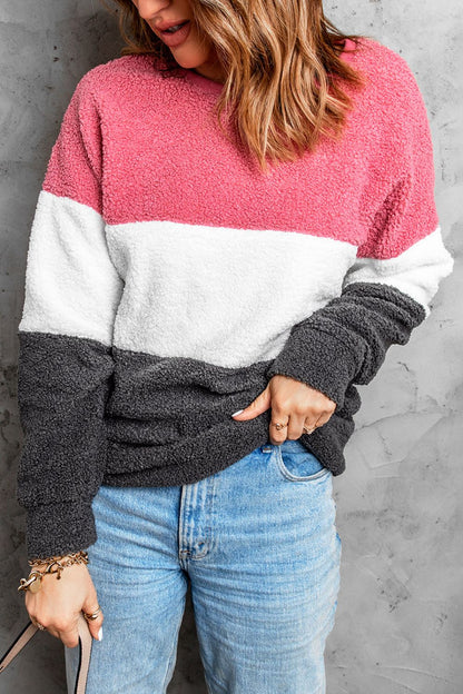 Color Block Round Neck Teddy Sweatshirt