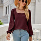 Waffle-Knit Puff Sleeve Square Neck Top