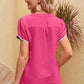 Contrast Trim Pom-Pom Detail Notched Neck Blouse