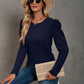 Waffle-Knit Puff Sleeve Round Neck Top