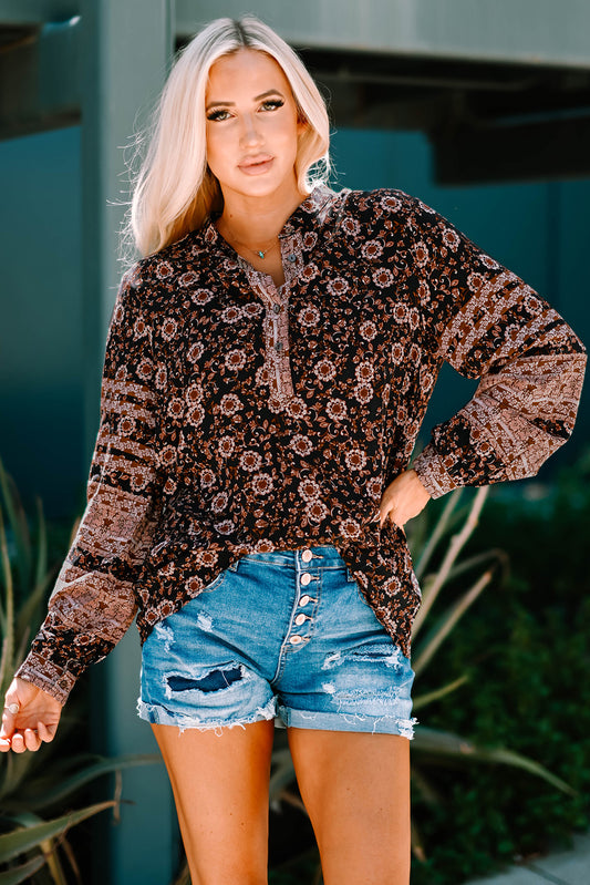 Floral Quarter-Button Long Sleeve Blouse