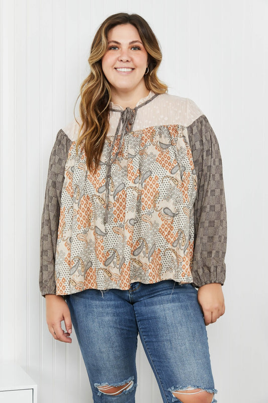 Sugarfox Full Size Paisley Tie Neck Balloon Sleeve Top