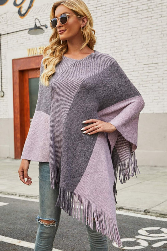 Color Block Fringe Hem V-Neck Poncho