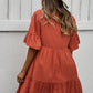 Button Front Tiered Tie Neck Mini Dress