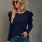 Waffle-Knit Puff Sleeve Round Neck Top