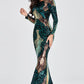 Contrast Sequin Open Back Long Sleeve Fishtail Dress