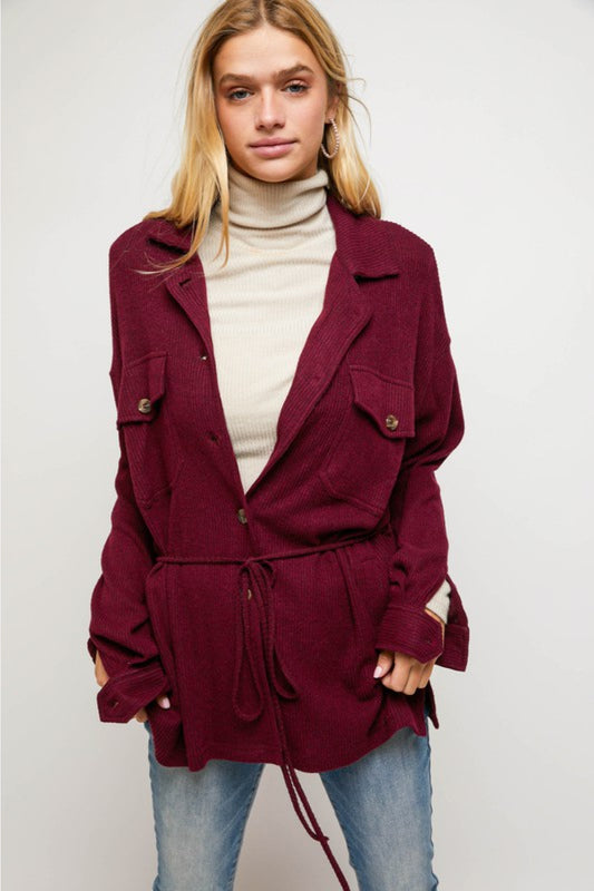 Davi & Dani Full Size Button Down Tied Slit Jacket