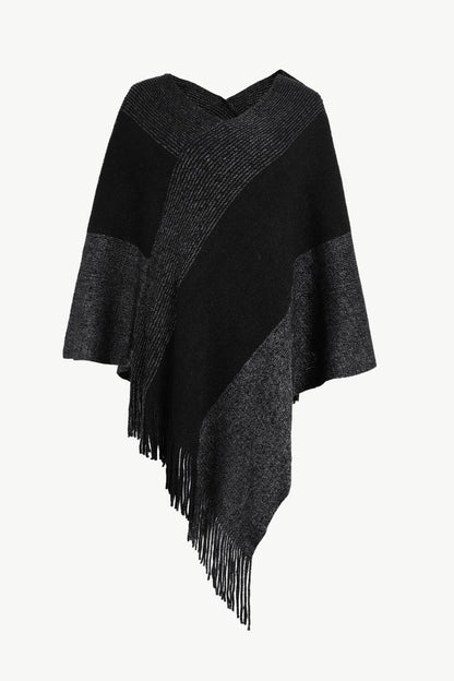 Color Block Fringe Hem V-Neck Poncho