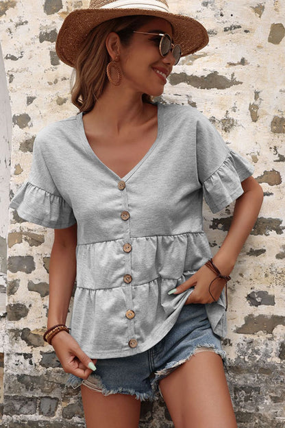 V-Neck Flounce Sleeve Tiered Top