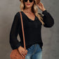 Waffle-Knit Lace Lantern Sleeve Henley Top