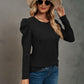 Waffle-Knit Puff Sleeve Round Neck Top