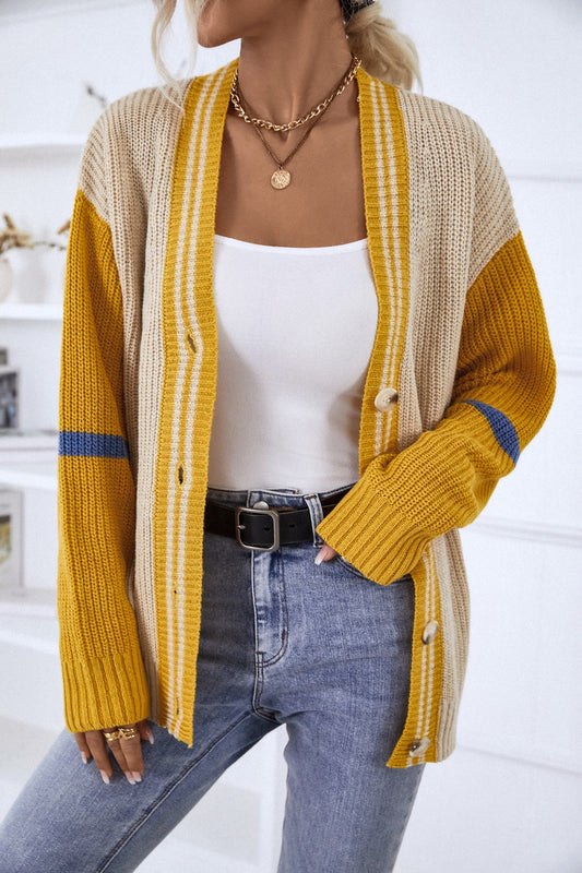 Striped Color Block Button-Up Cardigan