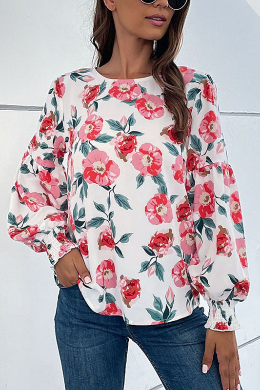 Floral Puff Sleeve Round Neck Blouse